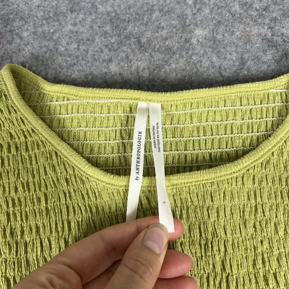 Anthropologie Top Women's Small Green Puff Sleeve Smocked Blouse